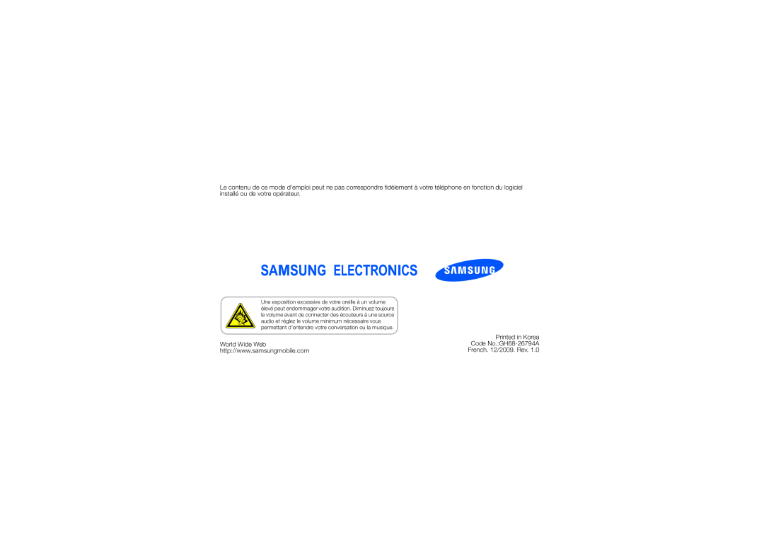 Samsung GT-M5650VBAXEF, GT-M5650IKAXEF, GT-M5650XKMSFR manual Printed in Korea, World Wide Web, Code No.GH68-26794A 