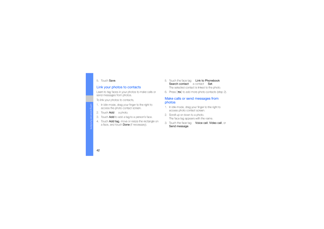 Samsung SWG-M7603RKPCL, GT-M7603RKAPCL manual Link your photos to contacts, Make calls or send messages from photos 