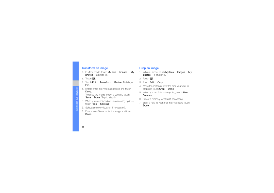 Samsung SWG-M7603RKPCL, GT-M7603RKAPCL manual Transform an image, Crop an image 