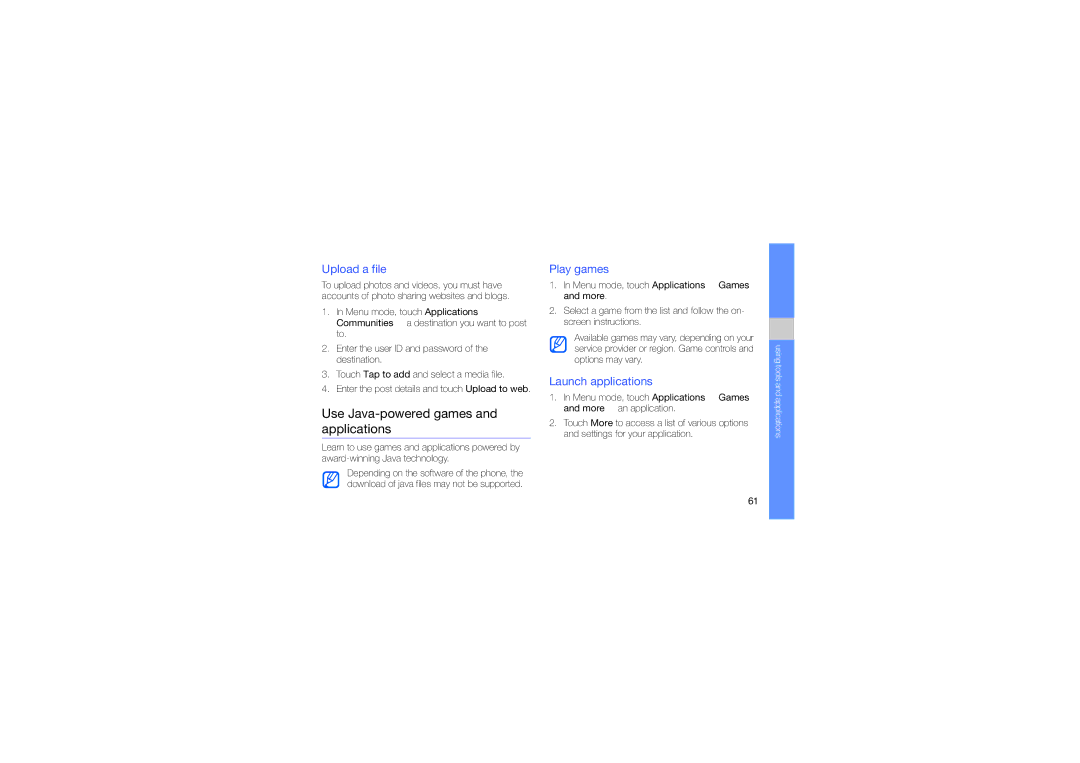Samsung GT-M7603RKAPCL manual Use Java-powered games and applications, Upload a file, Play games, Launch applications 