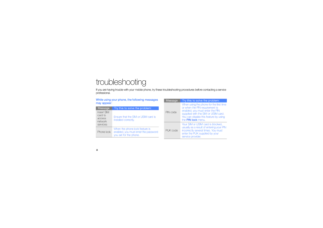 Samsung SWG-M7603RKPCL, GT-M7603RKAPCL manual Troubleshooting 