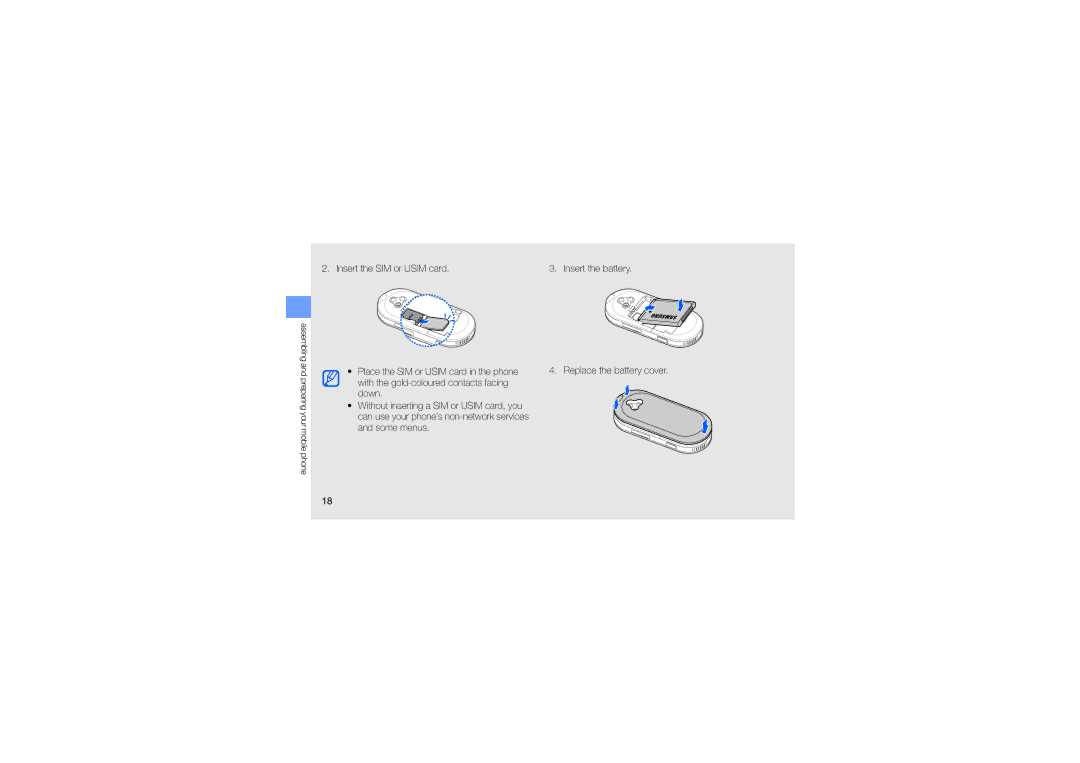 Samsung SWG-M7603RKPCL, GT-M7603RKAPCL manual Insert the battery Replace the battery cover 