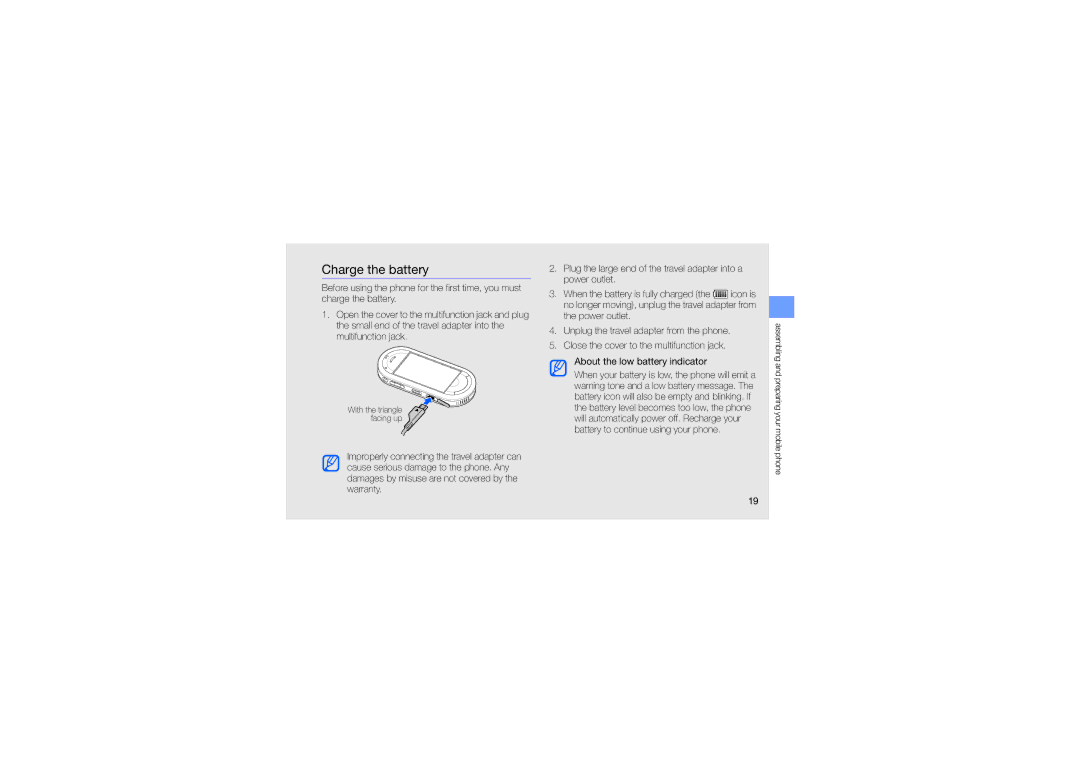 Samsung GT-M7603RKAPCL, SWG-M7603RKPCL manual Charge the battery 