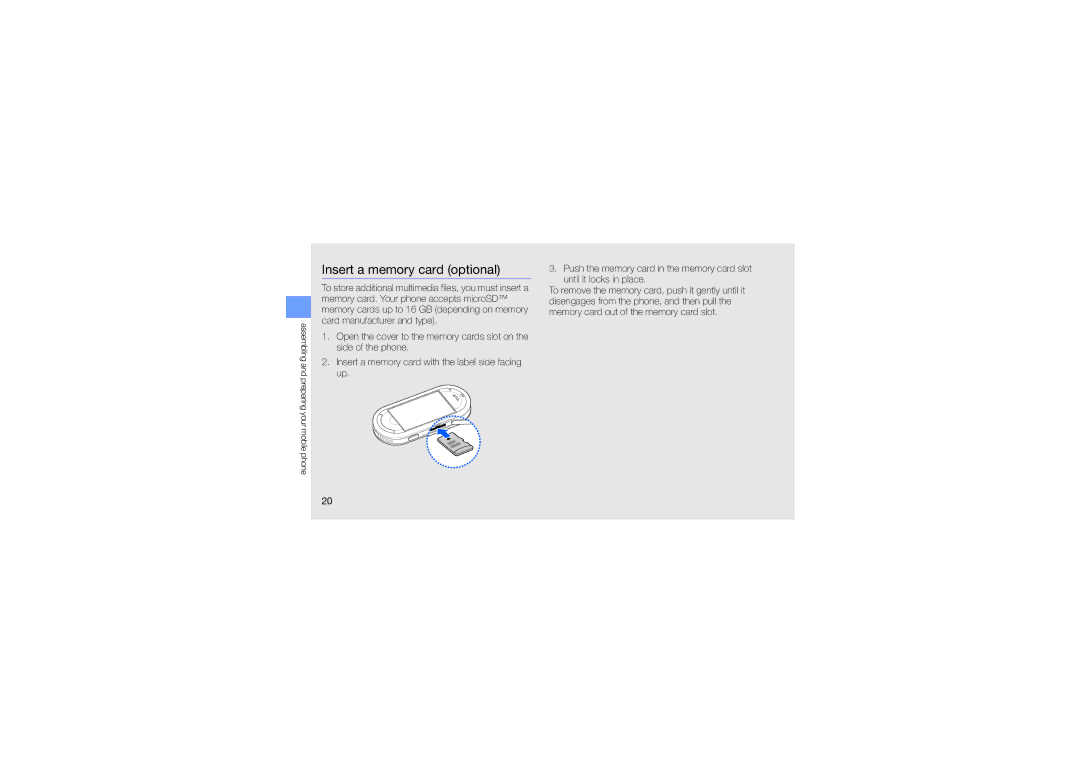 Samsung SWG-M7603RKPCL, GT-M7603RKAPCL manual Insert a memory card optional 