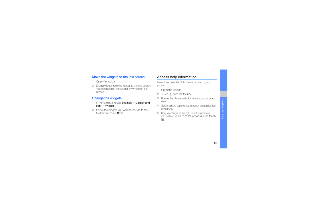 Samsung GT-M7603RKAPCL, SWG-M7603RKPCL Access help information, Move the widgets to the idle screen, Change the widgets 