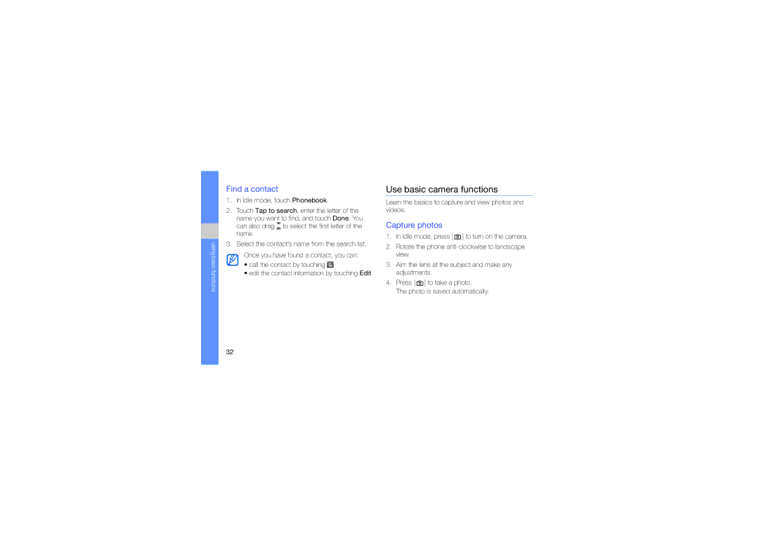Samsung SWG-M7603RKPCL, GT-M7603RKAPCL manual Use basic camera functions, Find a contact, Capture photos 