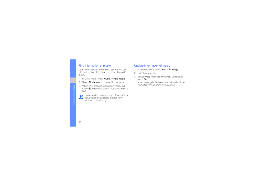 Samsung SWG-M7603RKPCL, GT-M7603RKAPCL manual Find information of music, Update information of music 