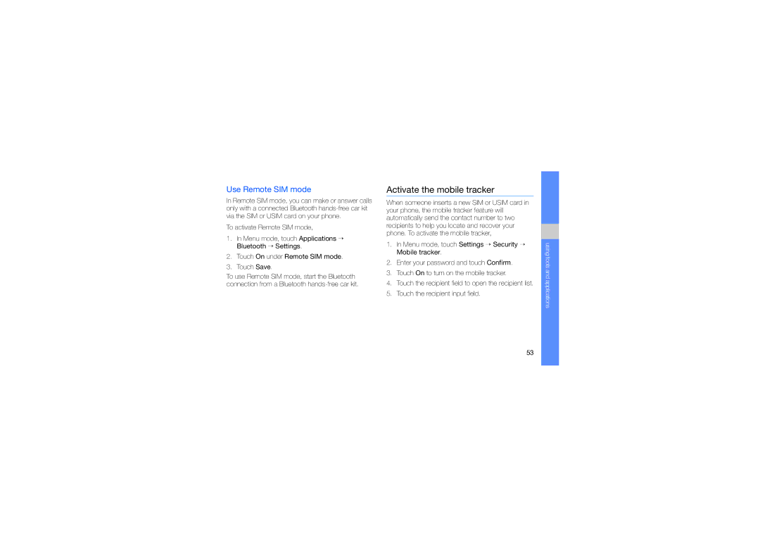 Samsung GT-M7603RKAPCL, SWG-M7603RKPCL manual Activate the mobile tracker, Use Remote SIM mode 