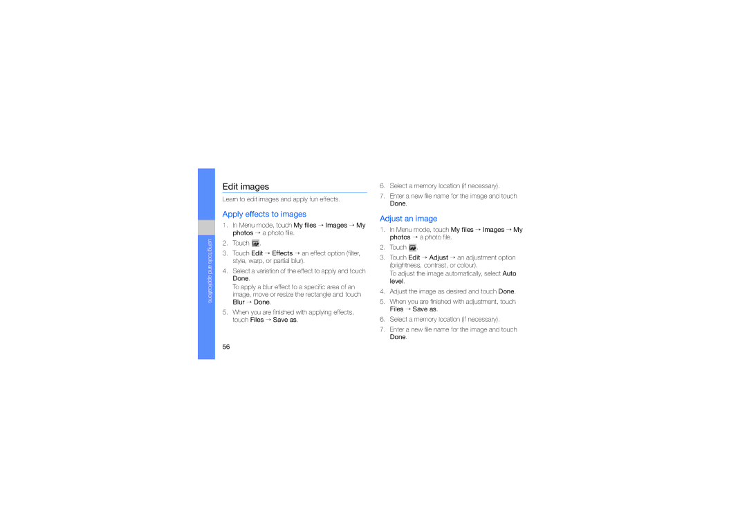 Samsung SWG-M7603RKPCL, GT-M7603RKAPCL manual Edit images, Apply effects to images, Adjust an image 
