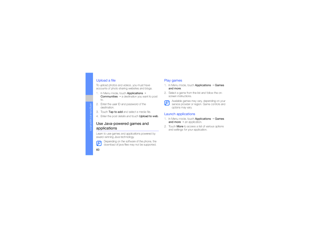 Samsung SWG-M7603RKPCL manual Use Java-powered games and applications, Upload a file, Play games, Launch applications 