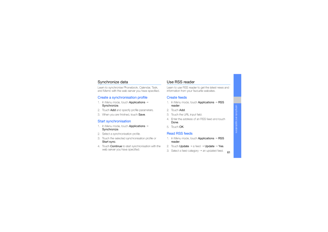 Samsung GT-M7603RKAPCL, SWG-M7603RKPCL manual Synchronize data, Use RSS reader 