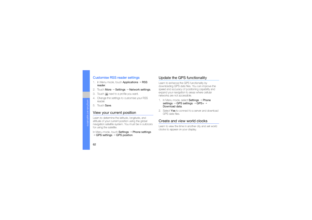 Samsung SWG-M7603RKPCL manual View your current position, Update the GPS functionality, Create and view world clocks 