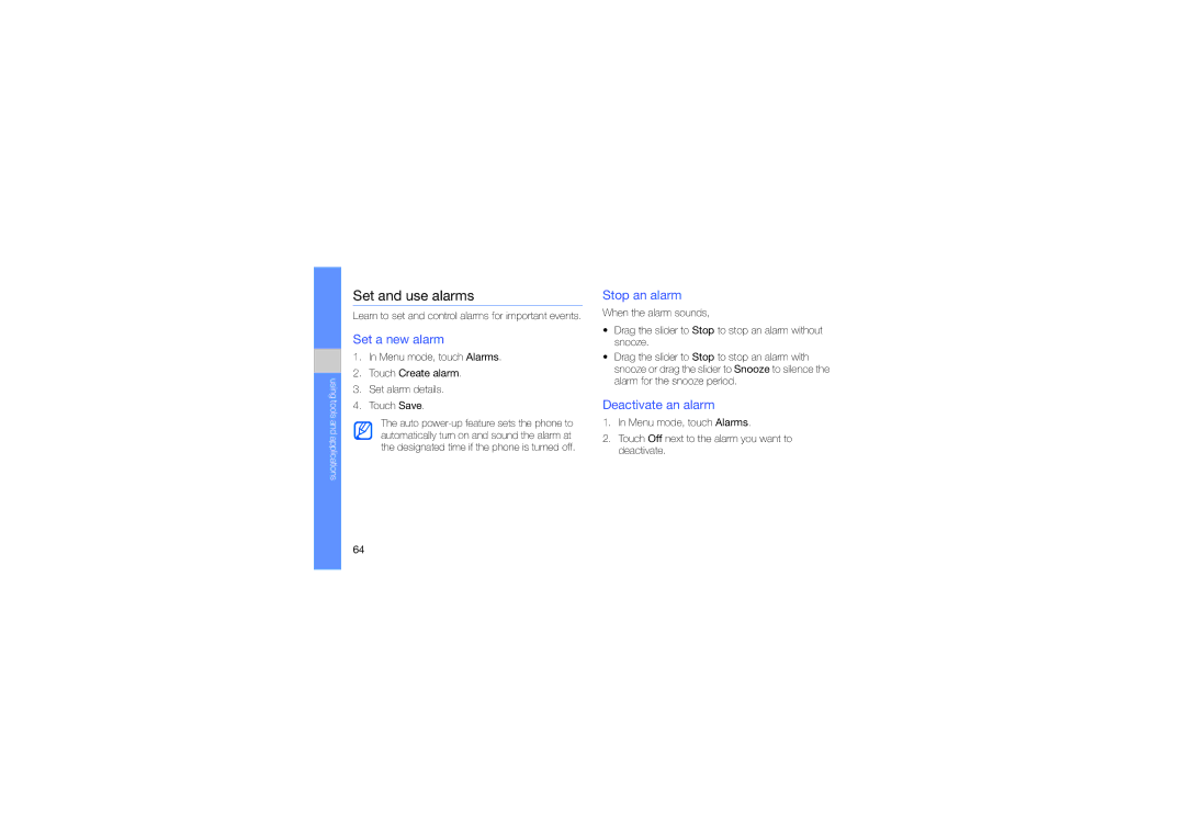 Samsung SWG-M7603RKPCL, GT-M7603RKAPCL manual Set and use alarms, Set a new alarm, Stop an alarm, Deactivate an alarm 