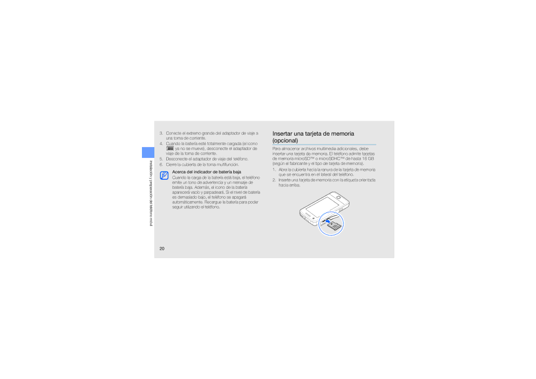 Samsung GT-M8910OSAFOP, GT-M8910MKAFOP, GT-M8910MKAMAT, GT-M8910UIAFOP manual Insertar una tarjeta de memoria opcional 