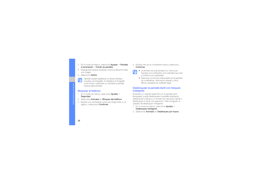 Samsung GT-M8910OSAFOP, GT-M8910MKAFOP manual Bloquear el teléfono, Desbloquear la pantalla táctil con bloqueo inteligente 