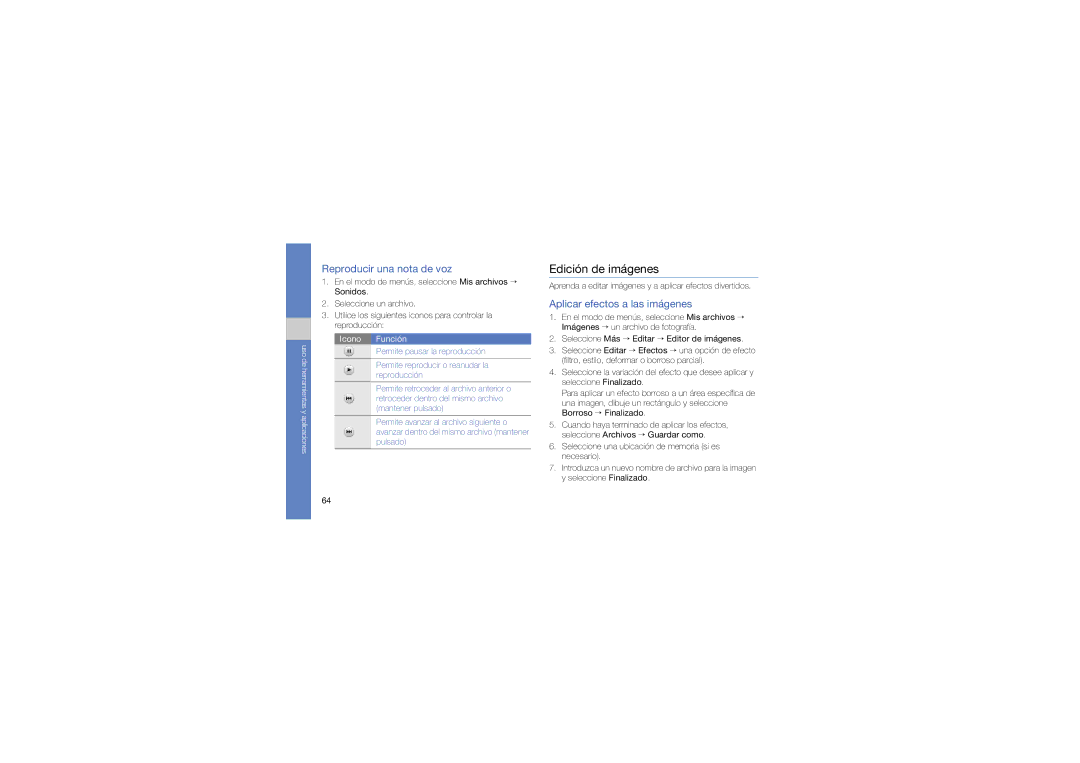 Samsung GT-M8910OSAFOP, GT-M8910MKAFOP Edición de imágenes, Reproducir una nota de voz, Aplicar efectos a las imágenes 