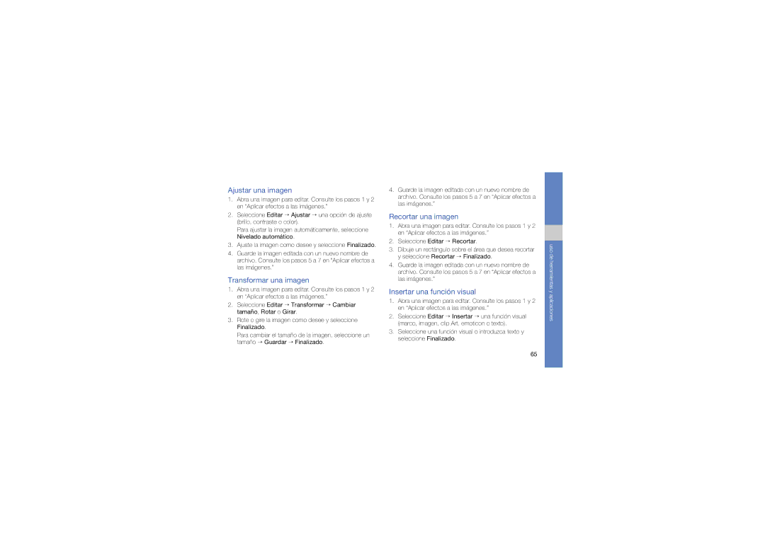 Samsung GT-M8910UIAFOP manual Ajustar una imagen, Transformar una imagen, Recortar una imagen, Insertar una función visual 