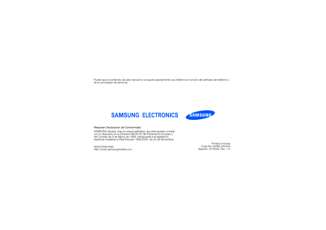 Samsung GT-M8910MKAMAT, GT-M8910MKAFOP, GT-M8910OSAFOP, GT-M8910UIAFOP World Wide Web Code No.GH68-25044A Spanish /2009. Rev 