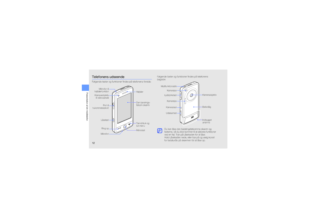 Samsung GT-M8910MKAXEE manual Telefonens udseende, Følgende taster og funktioner findes på telefonens bagside 