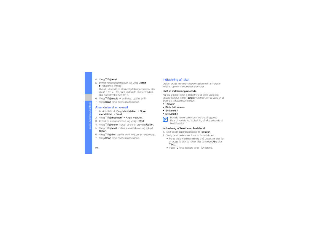 Samsung GT-M8910MKAXEE manual Afsendelse af en e-mail, Indtastning af tekst 