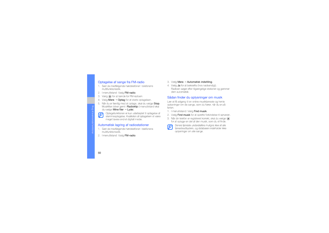 Samsung GT-M8910MKAXEE manual Optagelse af sange fra FM-radio, Automatisk lagring af radiostationer 