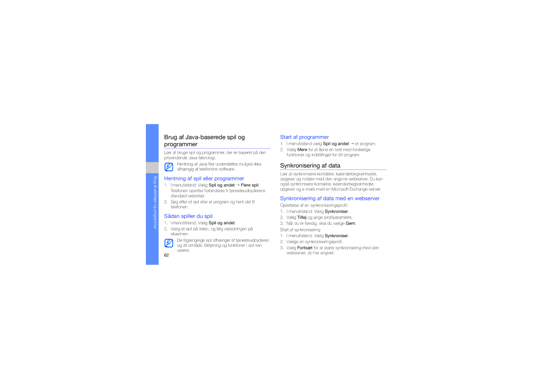 Samsung GT-M8910MKAXEE manual Brug af Java-baserede spil og programmer, Synkronisering af data 