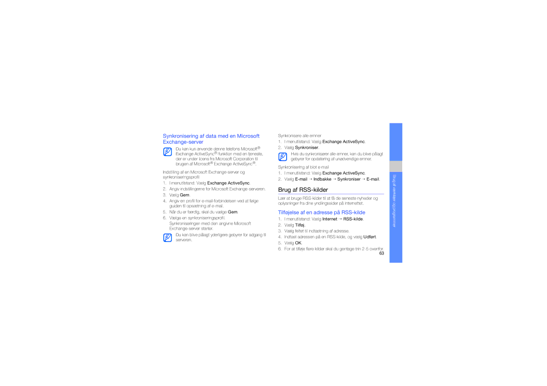 Samsung GT-M8910MKAXEE manual Brug af RSS-kilder, Synkronisering af data med en Microsoft Exchange-server 