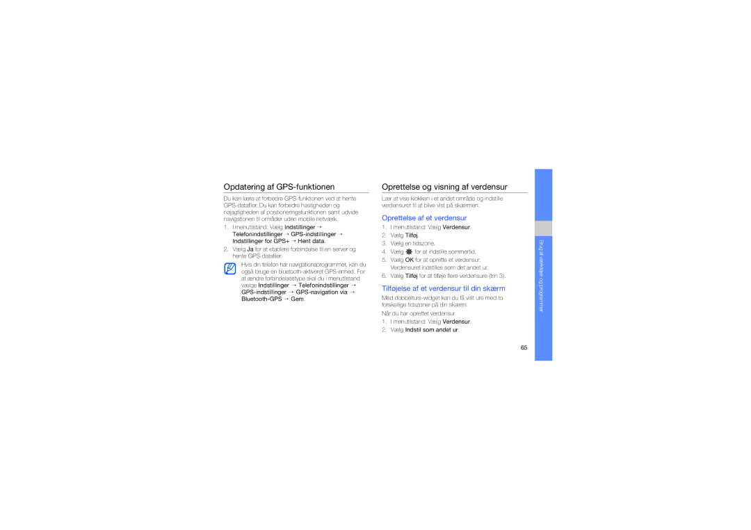 Samsung GT-M8910MKAXEE manual Opdatering af GPS-funktionen, Oprettelse og visning af verdensur, Oprettelse af et verdensur 