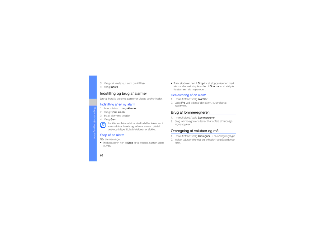 Samsung GT-M8910MKAXEE manual Indstilling og brug af alarmer, Brug af lommeregneren, Omregning af valutaer og mål 