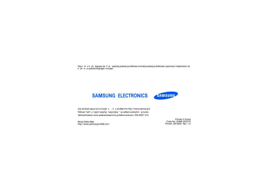 Samsung GT-M8910MKAXEE manual Finnish /2009. Rev 