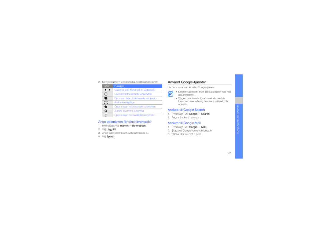 Samsung GT-M8910MKAXEE manual Använd Google-tjänster, Ange bokmärken för dina favoritsidor, Ansluta till Google Search 
