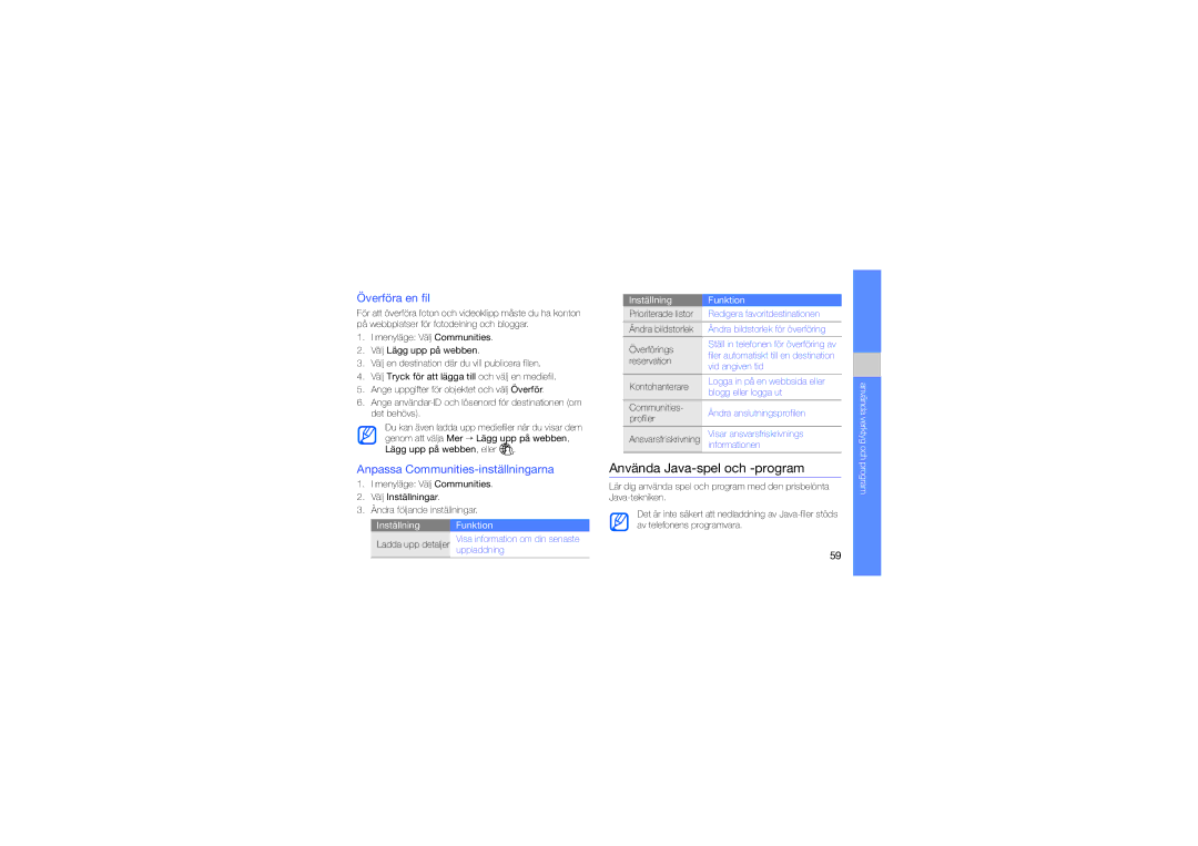 Samsung GT-M8910MKAXEE manual Använda Java-spel och -program, Överföra en fil, Anpassa Communities-inställningarna 