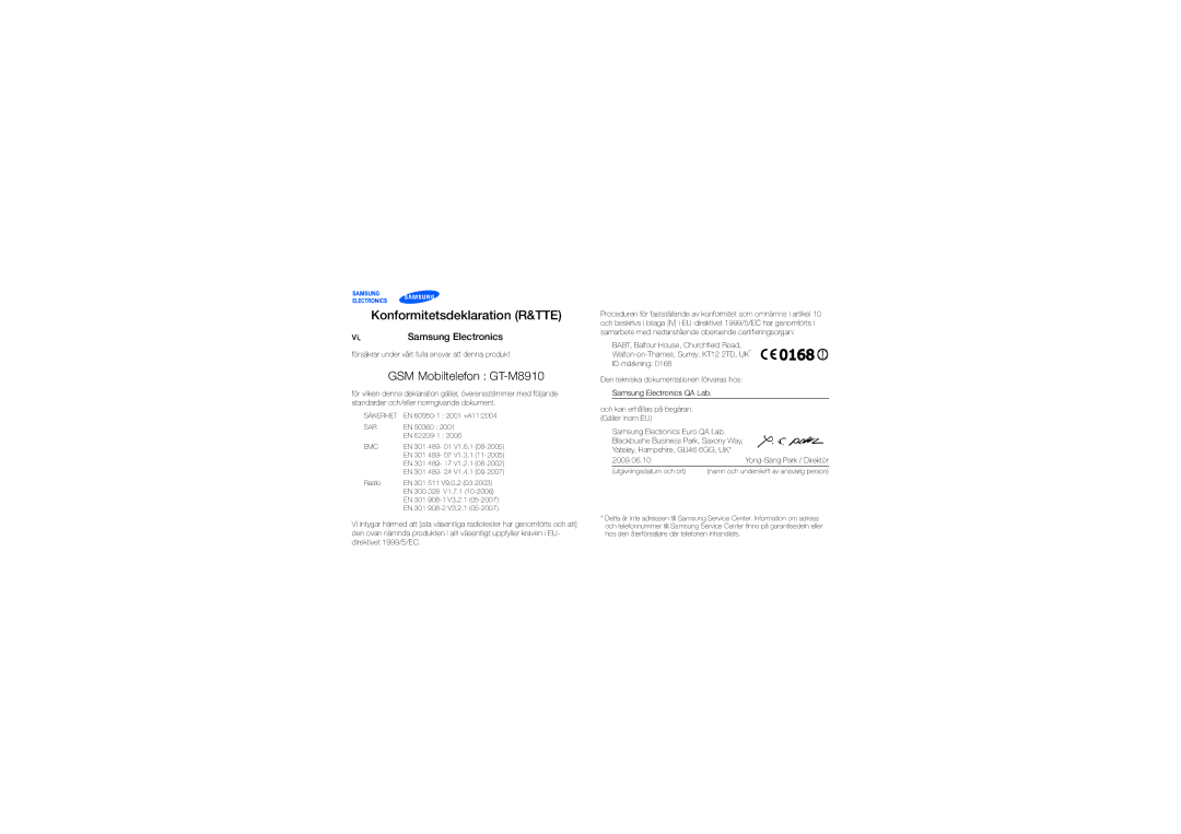 Samsung GT-M8910MKAXEE manual Konformitetsdeklaration R&TTE, Samsung Electronics 