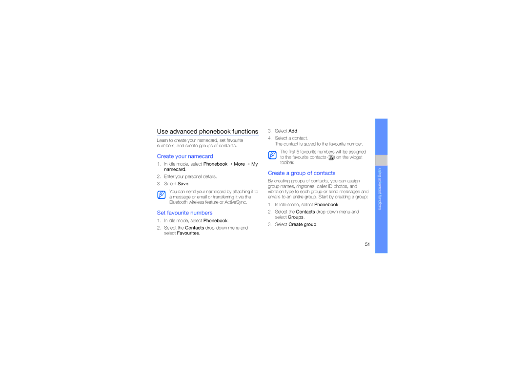 Samsung GT-M8910MKADBT, GT-M8910OSADBT manual Use advanced phonebook functions, Create your namecard, Set favourite numbers 