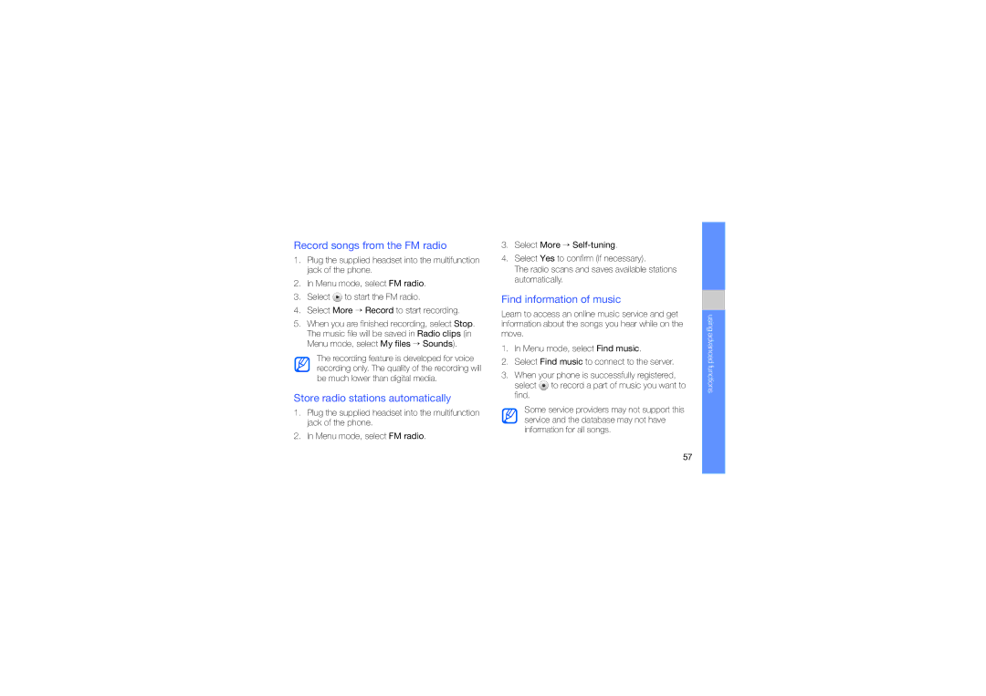 Samsung GT-M8910MKAEUR manual Record songs from the FM radio, Store radio stations automatically, Find information of music 