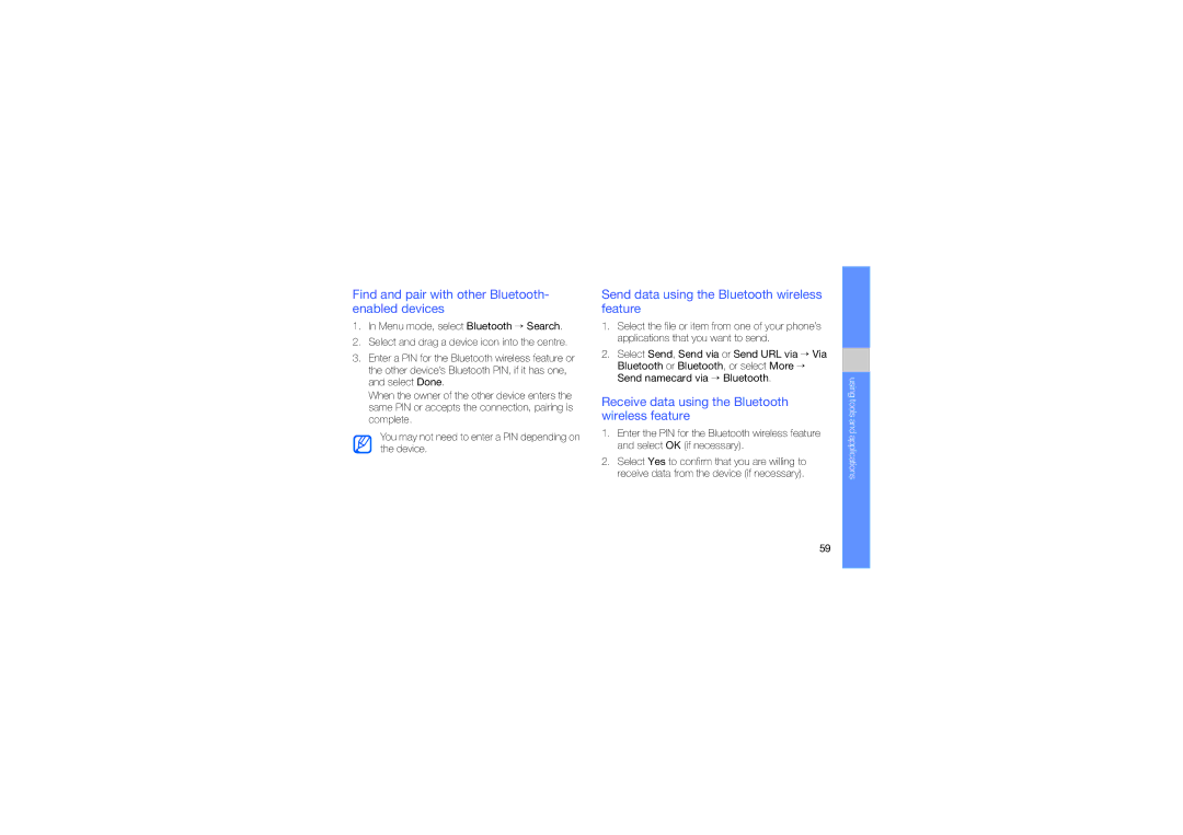 Samsung GT-M8910MKASER Find and pair with other Bluetooth- enabled devices, Send data using the Bluetooth wireless feature 