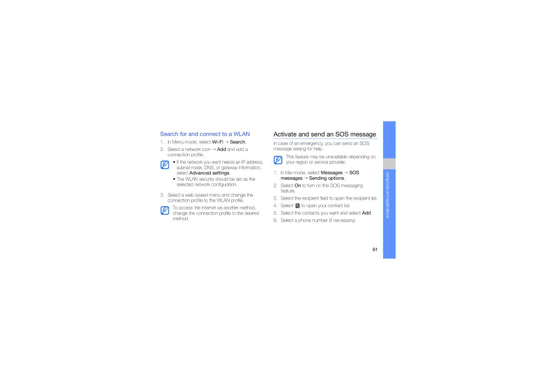 Samsung GT-M8910MKATUR, GT-M8910OSADBT, GT-M8910MKADBT Activate and send an SOS message, Search for and connect to a Wlan 