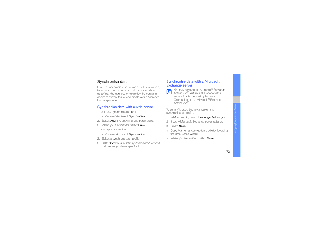 Samsung GT-M8910MKADBT manual Synchronise data with a web server, Synchronise data with a Microsoft Exchange server 