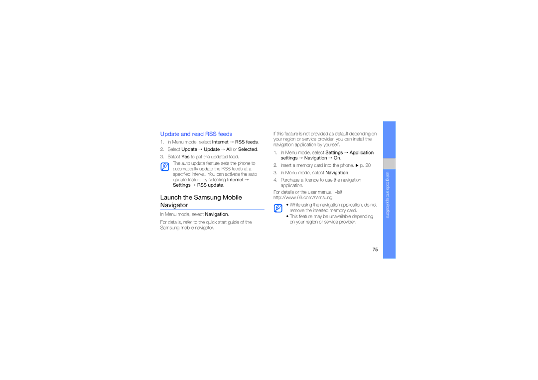 Samsung GT-M8910MKAMAT, GT-M8910OSADBT, GT-M8910MKATUR manual Launch the Samsung Mobile Navigator, Update and read RSS feeds 