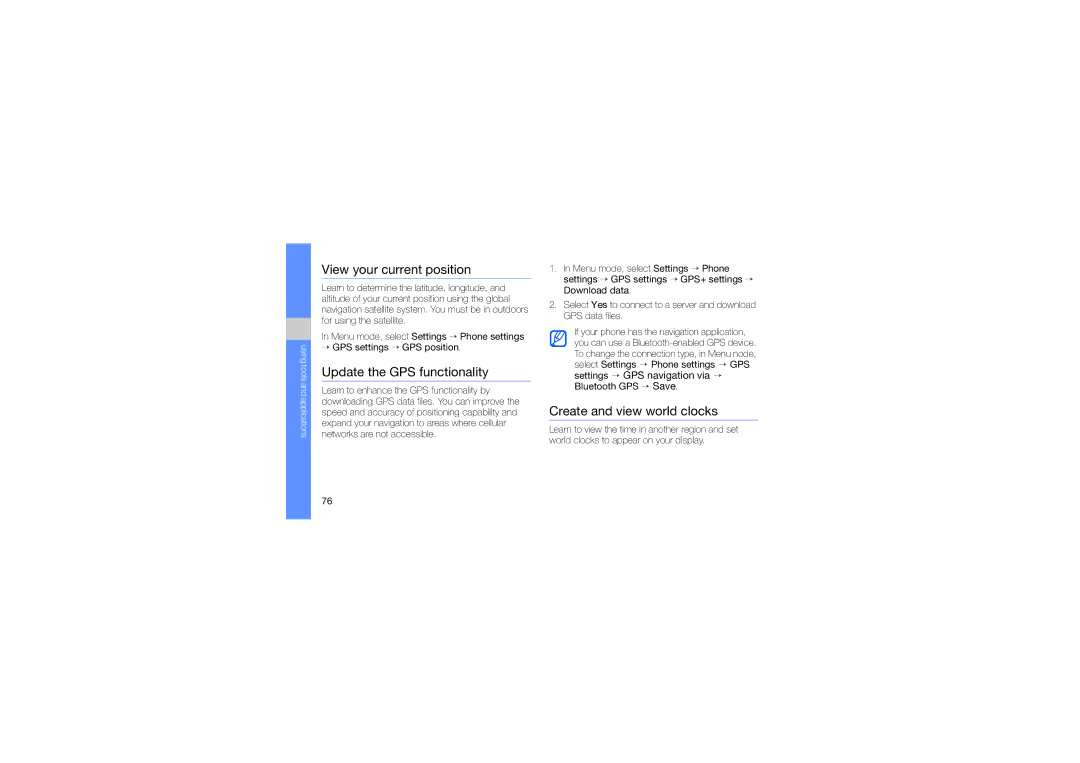 Samsung GT-M8910OSAFOP manual View your current position, Update the GPS functionality, Create and view world clocks 