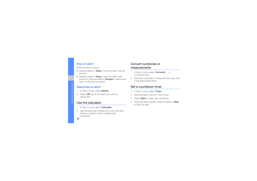 Samsung GT-M8910MKAVGR manual Use the calculator, Convert currencies or measurements, Set a countdown timer, Stop an alarm 
