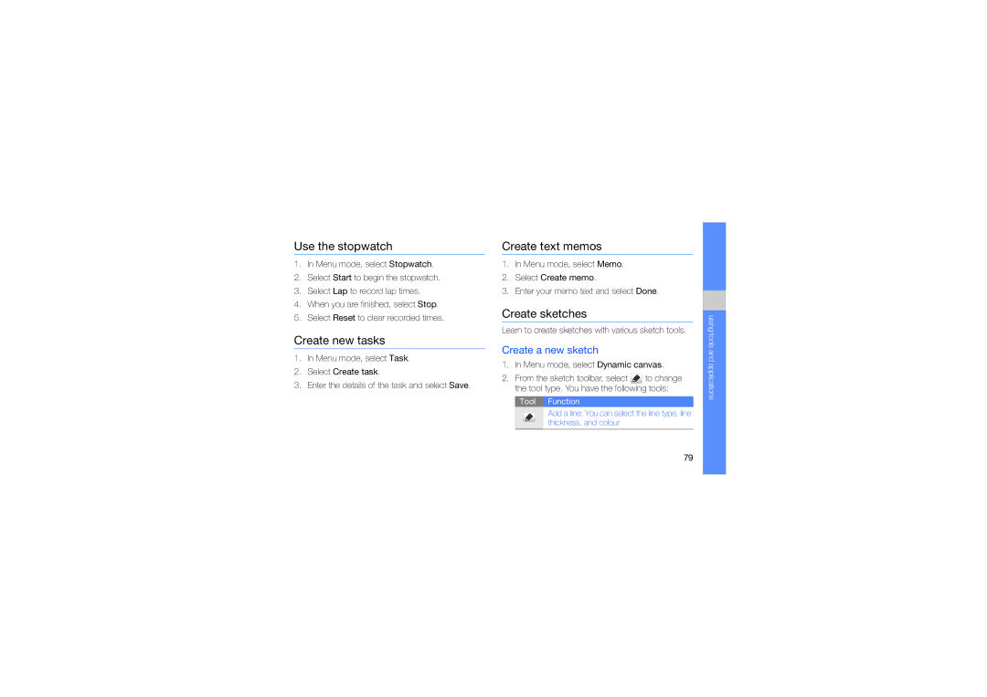 Samsung GT-M8910MKAEUR manual Use the stopwatch, Create new tasks, Create text memos, Create sketches, Create a new sketch 