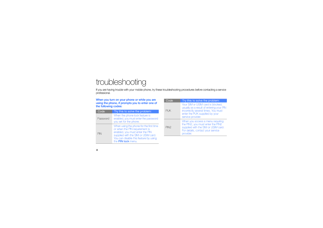 Samsung GT-M8910OSADBT, GT-M8910MKATUR, GT-M8910MKADBT, GT-M8910MKAFOP, GT-M8910MKAMAT, GT-M8910OSAFOP manual Troubleshooting 