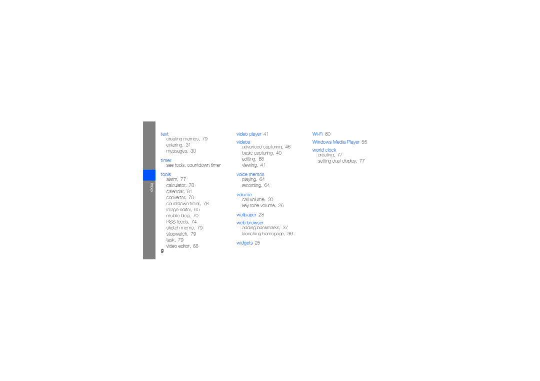 Samsung GT-M8910UIAFOP, GT-M8910OSADBT Creating memos, 79 entering, 31 messages, Recording, Call volume Key tone volume 