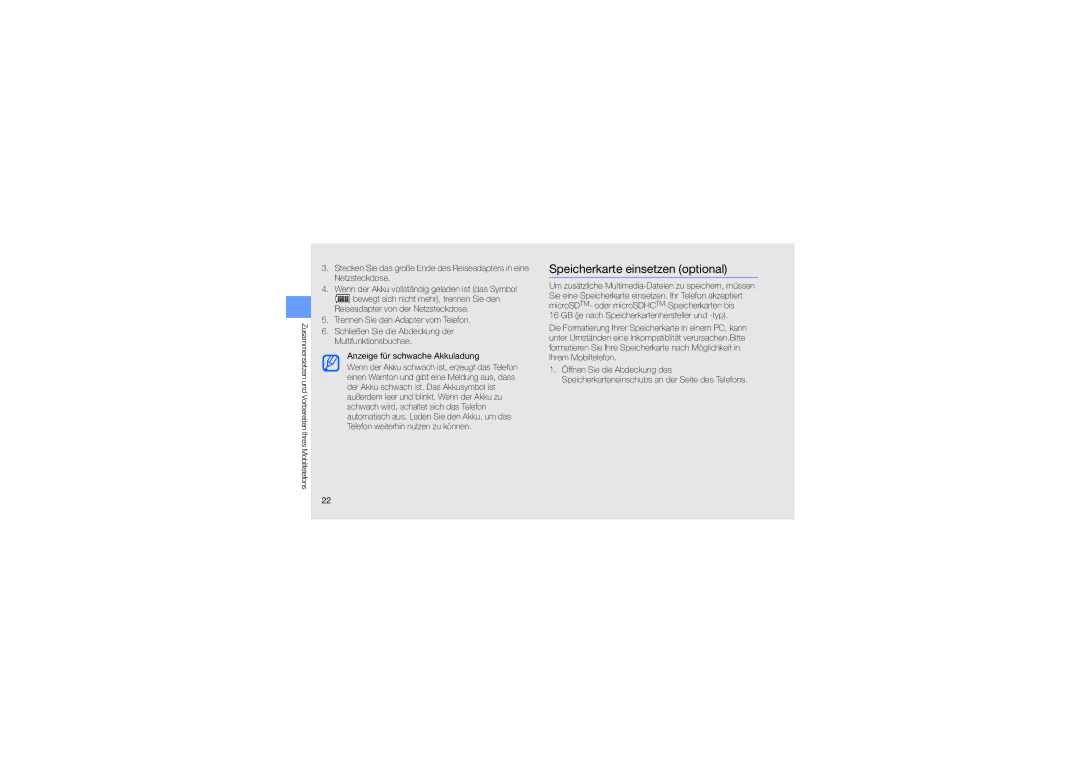 Samsung GT-M8910MKATUR, GT-M8910OSADBT manual Speicherkarte einsetzen optional, GB je nach Speicherkartenhersteller und -typ 