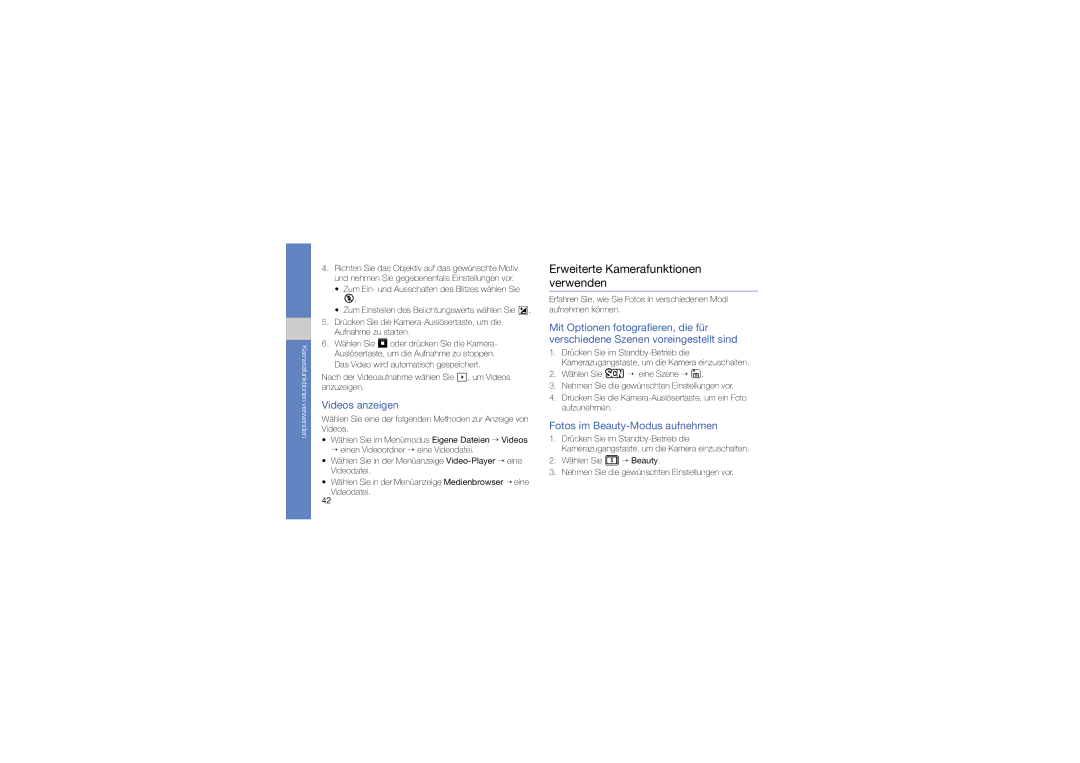 Samsung GT-M8910OSADBT manual Erweiterte Kamerafunktionen verwenden, Videos anzeigen, Fotos im Beauty-Modus aufnehmen 