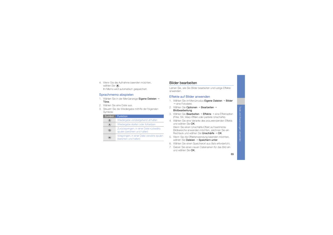 Samsung GT-M8910MKADBT, GT-M8910OSADBT, GT-M8910MKATUR Bilder bearbeiten, Sprachmemo abspielen, Effekte auf Bilder anwenden 