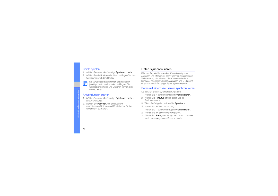 Samsung GT-M8910OSADBT, GT-M8910MKATUR, GT-M8910MKADBT manual Daten synchronisieren, Spiele spielen, Anwendungen starten 