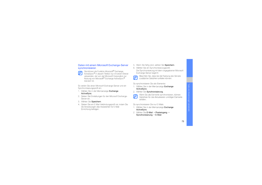 Samsung GT-M8910MKATUR, GT-M8910OSADBT, GT-M8910MKADBT manual Daten mit einem Microsoft Exchange-Server synchronisieren 