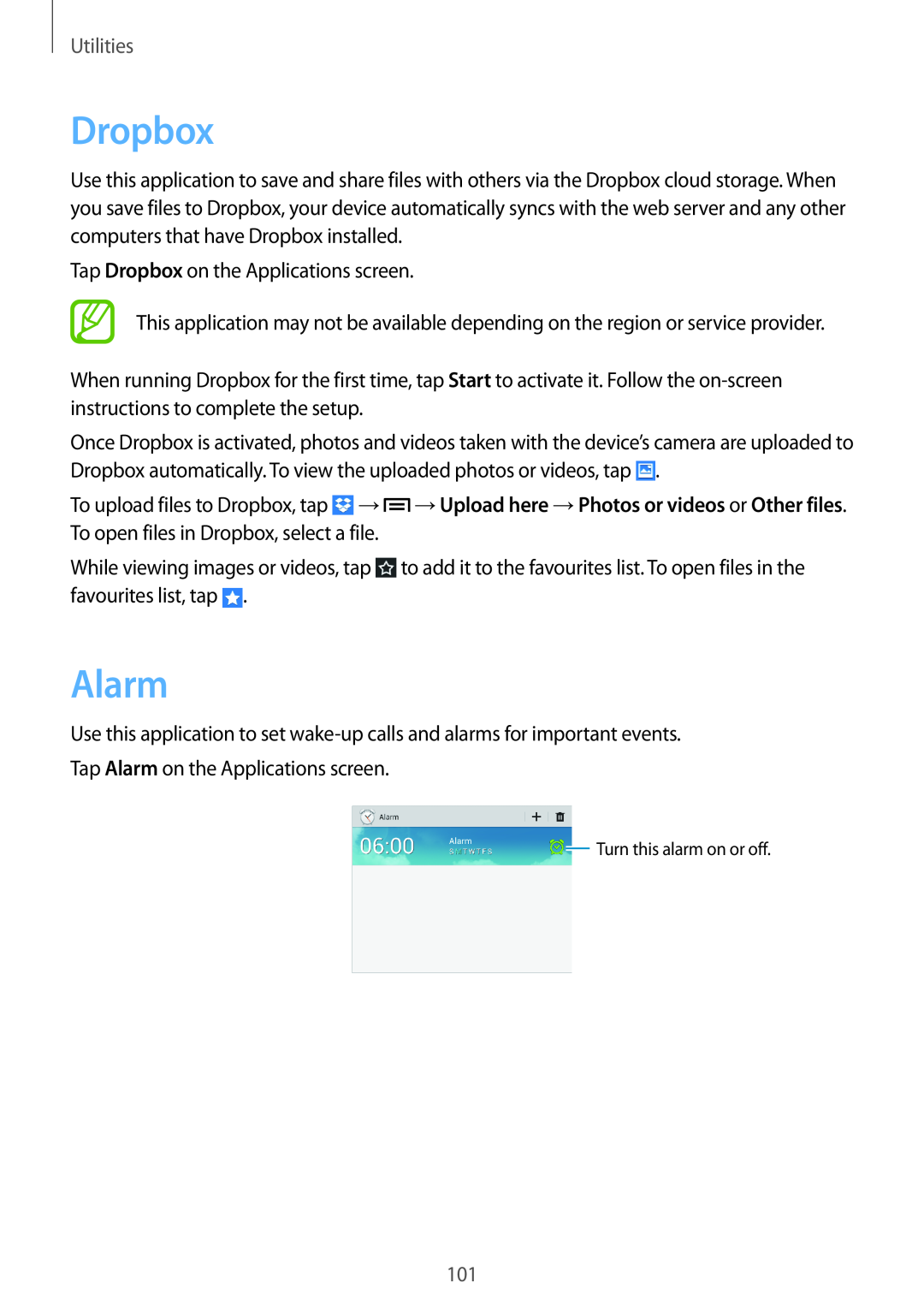Samsung GT-N5100 user manual Dropbox, Alarm, Utilities 